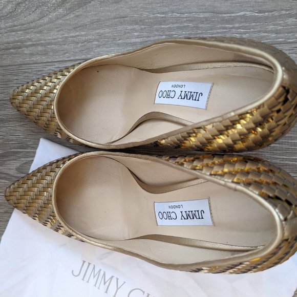 Jimmy Choo Romy 85 Gold Mix Woven Metallic Fabric Pointy Toe Pump Sz/ 8.5 - Picture 12 of 15
